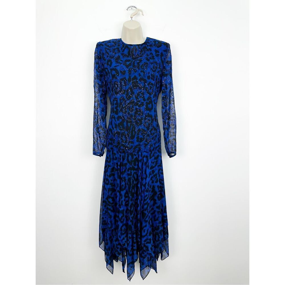 A.J. Bari Women’s Vintage Cobalt Blue Animal Print Sparkle Sheer Drop Waist Dres